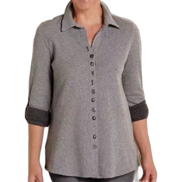 Soft Surroundings Sydney Shirt S Gray Waffle Tab Sleeves Cotton Top Button Down - Picture 1 of 12
